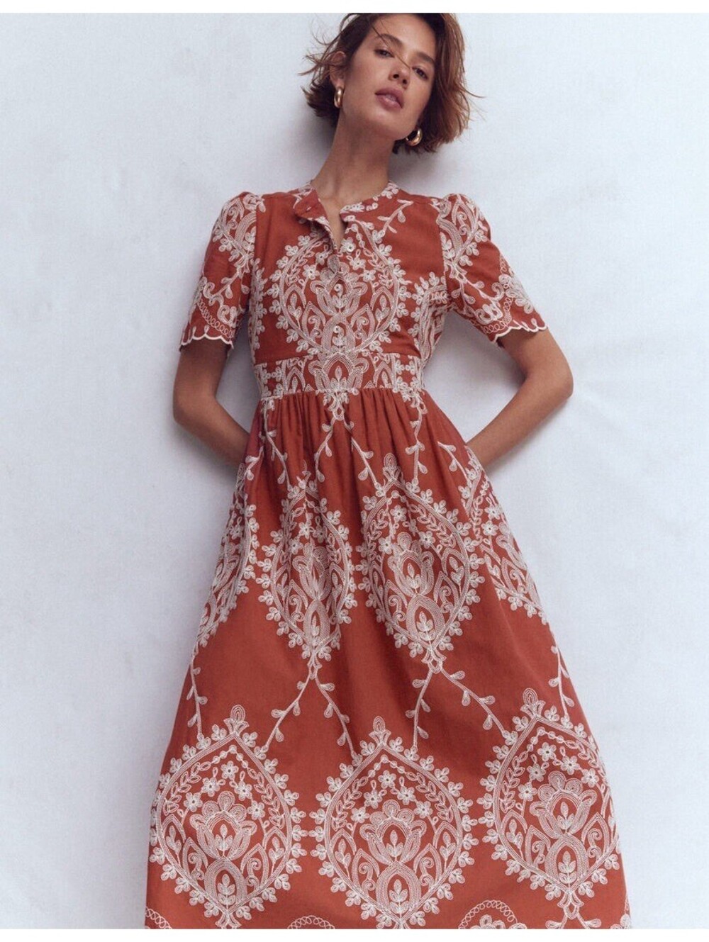 Boden Ivy Button Cotton Midi Dress Rust Embroidered Boho Scallop Size 4R